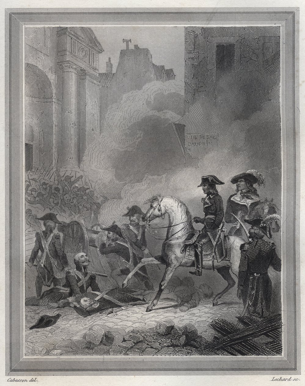 Napoleão Triturando a Rebelião Realista - Napoleão Bonaparte (a cavalo) comandando tropas revolucionárias na luta de rua em 13 Vendemiaire (5 de outubro) - 13 Vendemiaire 1795 (insurreição realista de 5 de outubro de 1795): Bonaparte restabeleceu a ordem p de Unknown artist
