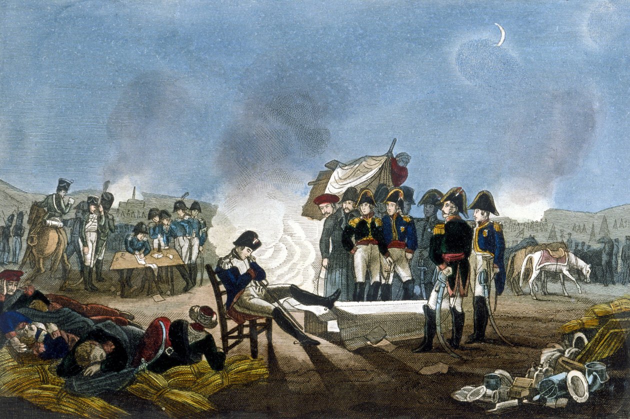 Napoleão I Bonaparte dormindo no bivouac na véspera da Batalha de Austerlitz, em 1 de dezembro de 1805. de Unknown artist
