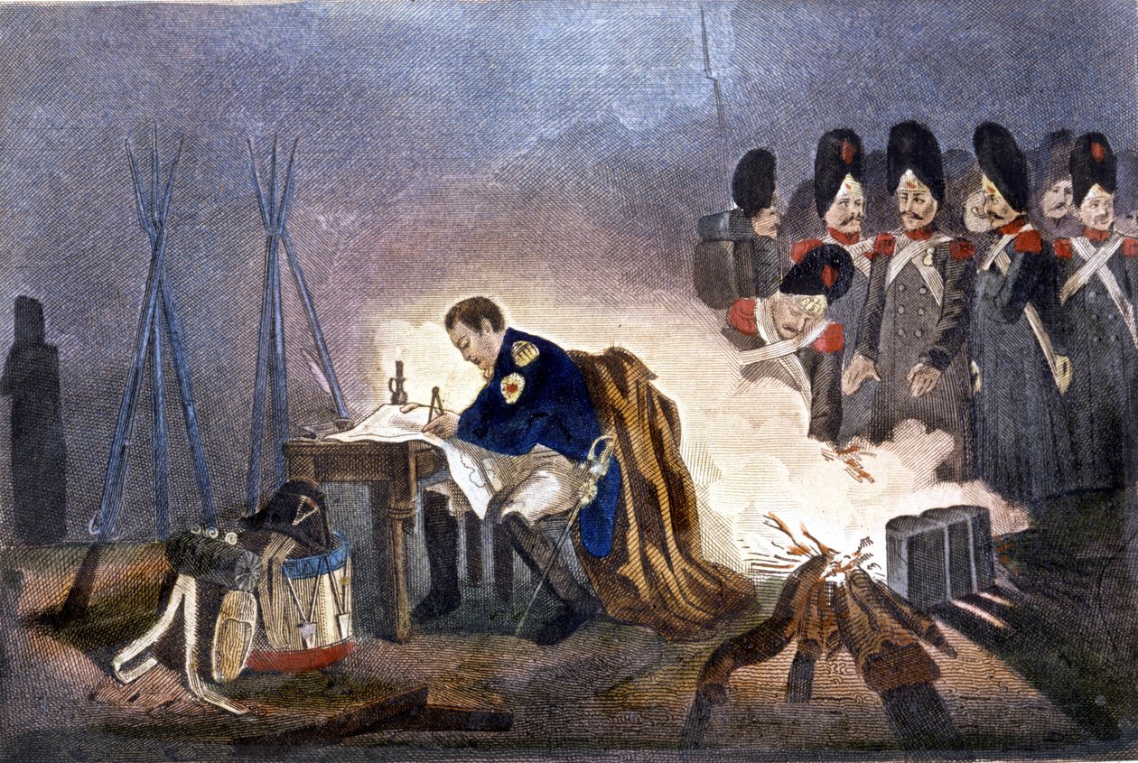 Napoleão I na Batalha de Bautzen (Alemanha). 20-21 de maio de 1813. gravura Milão do século XIX de Unknown artist
