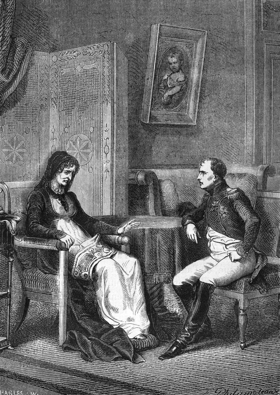 Napoleão I consultando sua mãe, Laetitia Bonaparte (Letizia Maria Ramolino) (1750-1836) antes de deixar a Ilha Elba em 1815 de Unknown artist