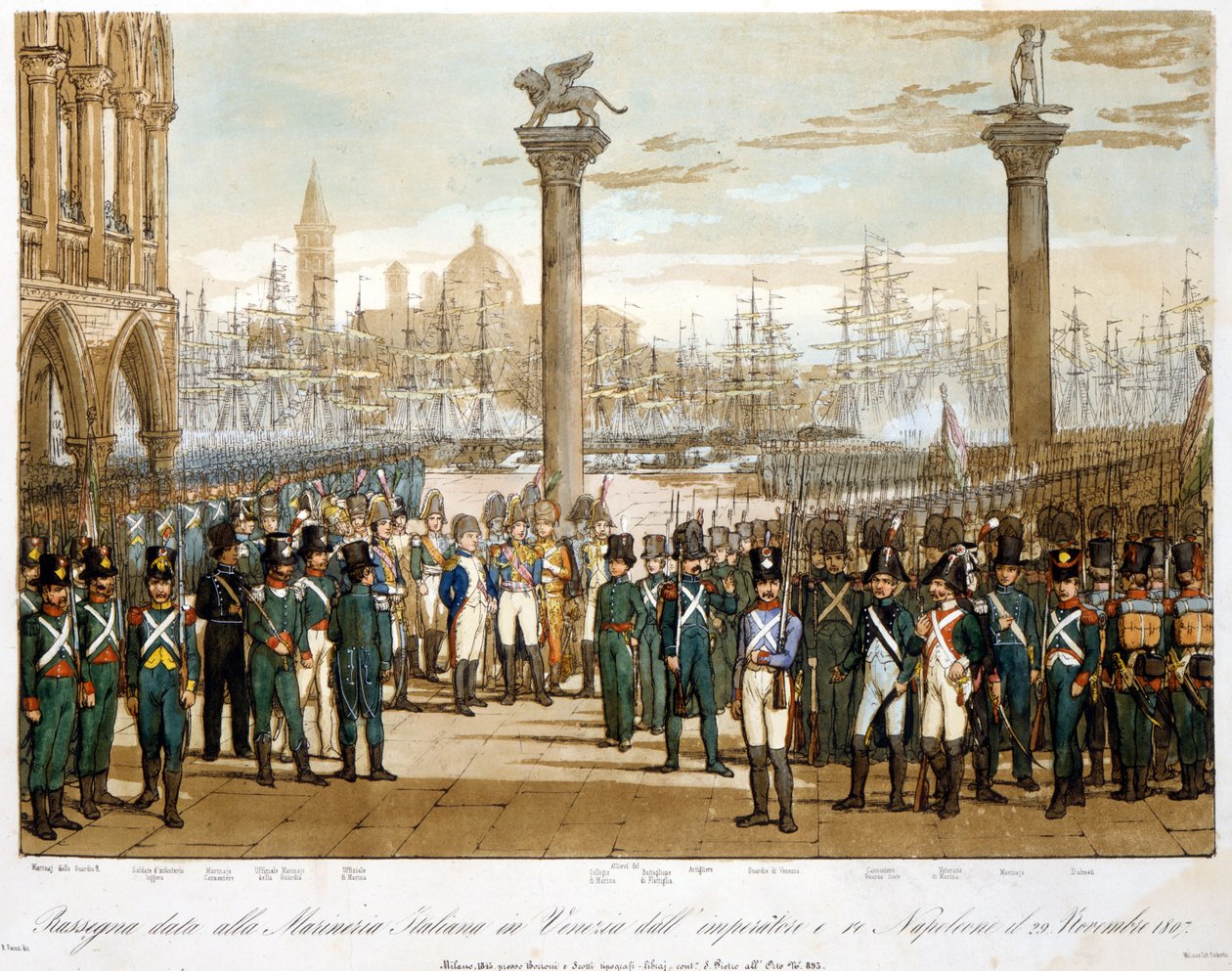 Napoleão I em Veneza em 29 de Novembro de 1807 em frente à Marinha italiana. Gravura de 1845 de Unknown artist