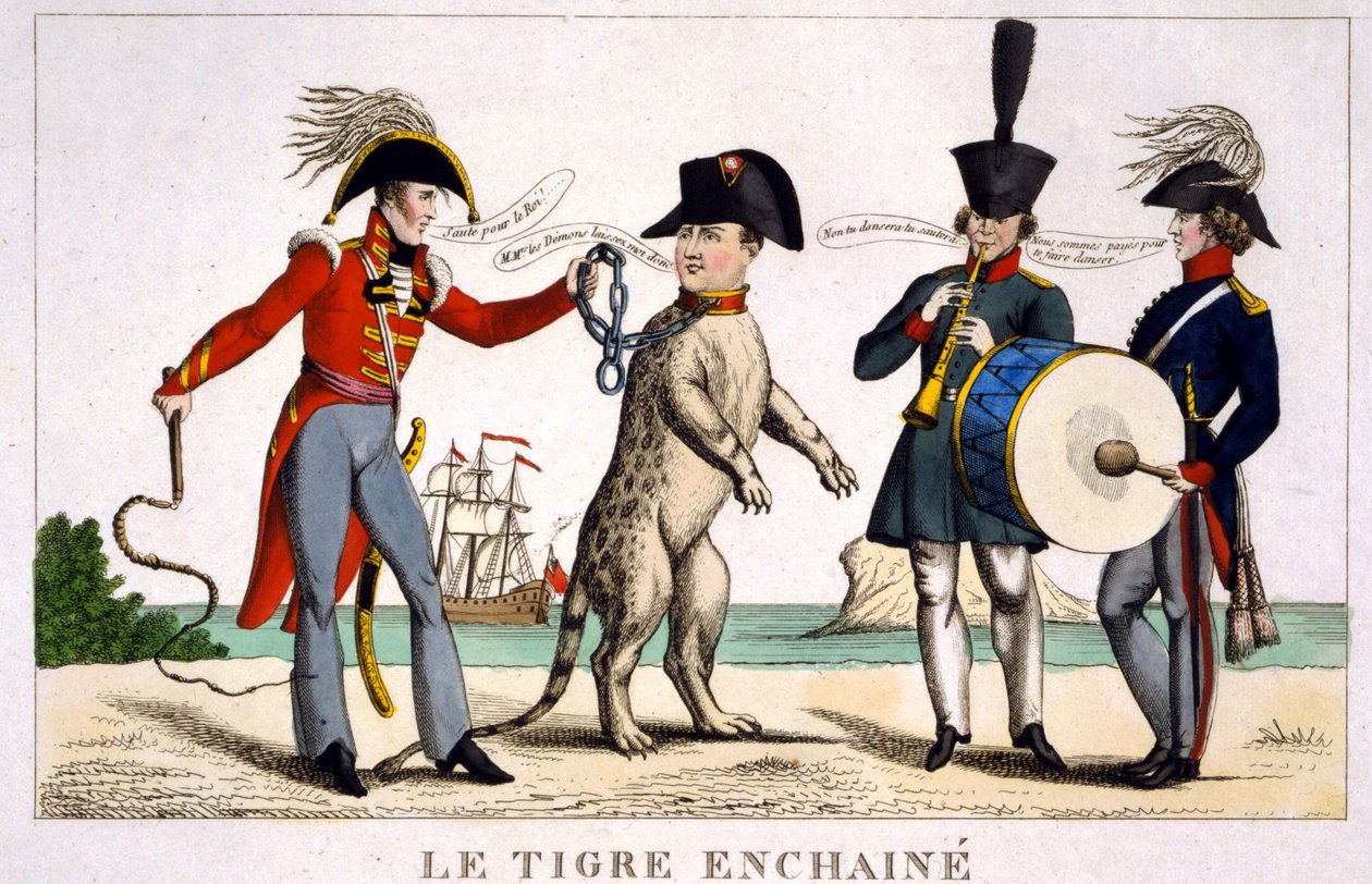 Napoleão I num tigre acorrentado, segurado por um oficial britânico com um chicote. Rússia e Áustria tocando música aqui ao lado. Desenho animado de 1815. de Unknown artist