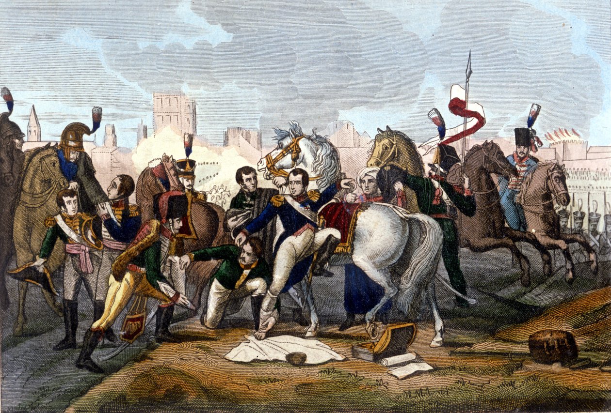 Napoleão I ferido em frente de Regensburg a 23 de Abril de 1809. Gravura do século XIX. de Unknown artist