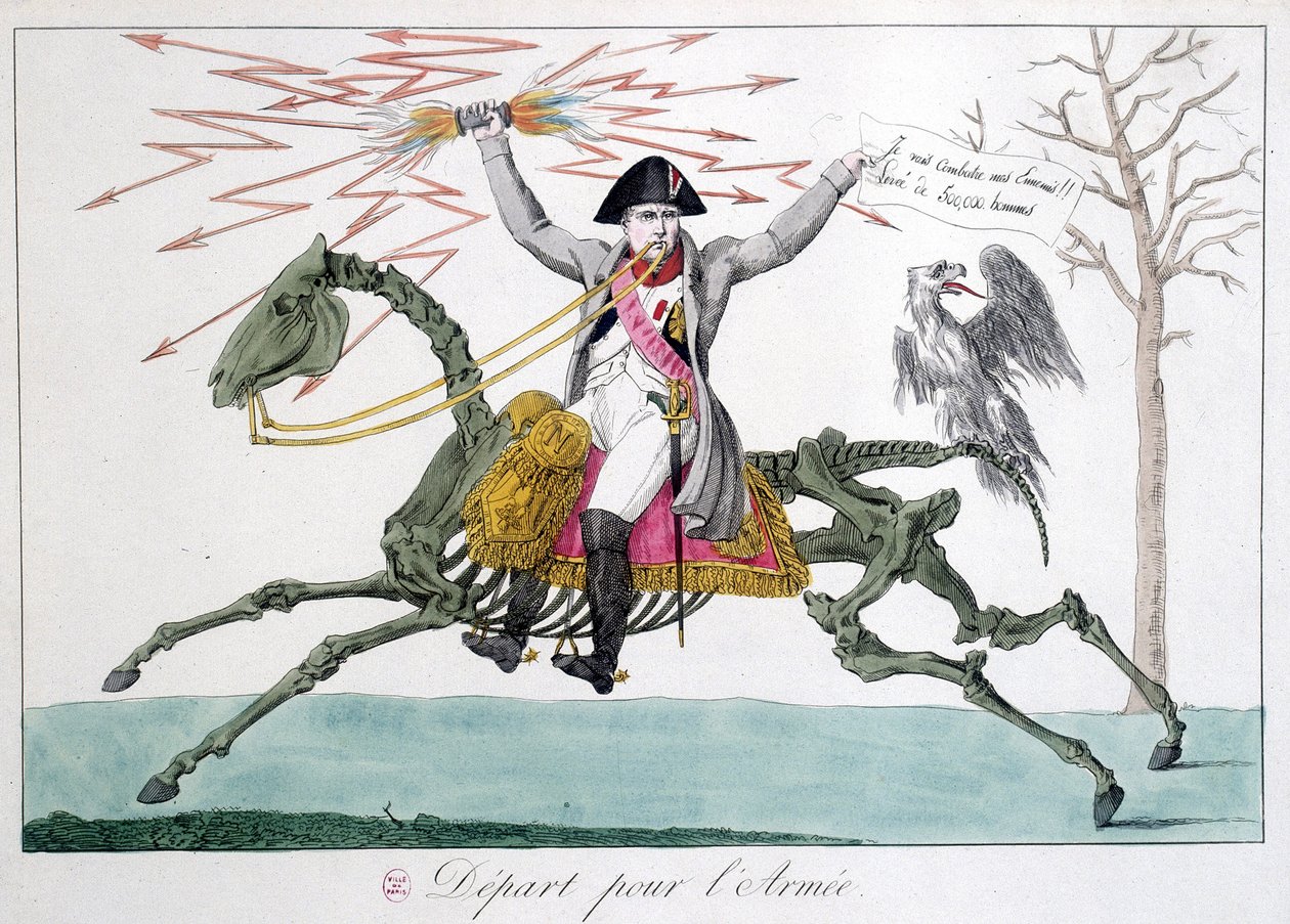 Napoleão: caricatura num homem guerreiro sobre um esqueleto de cavalo - em "Napoleon 1er", colecção de caricaturas de Unknown artist