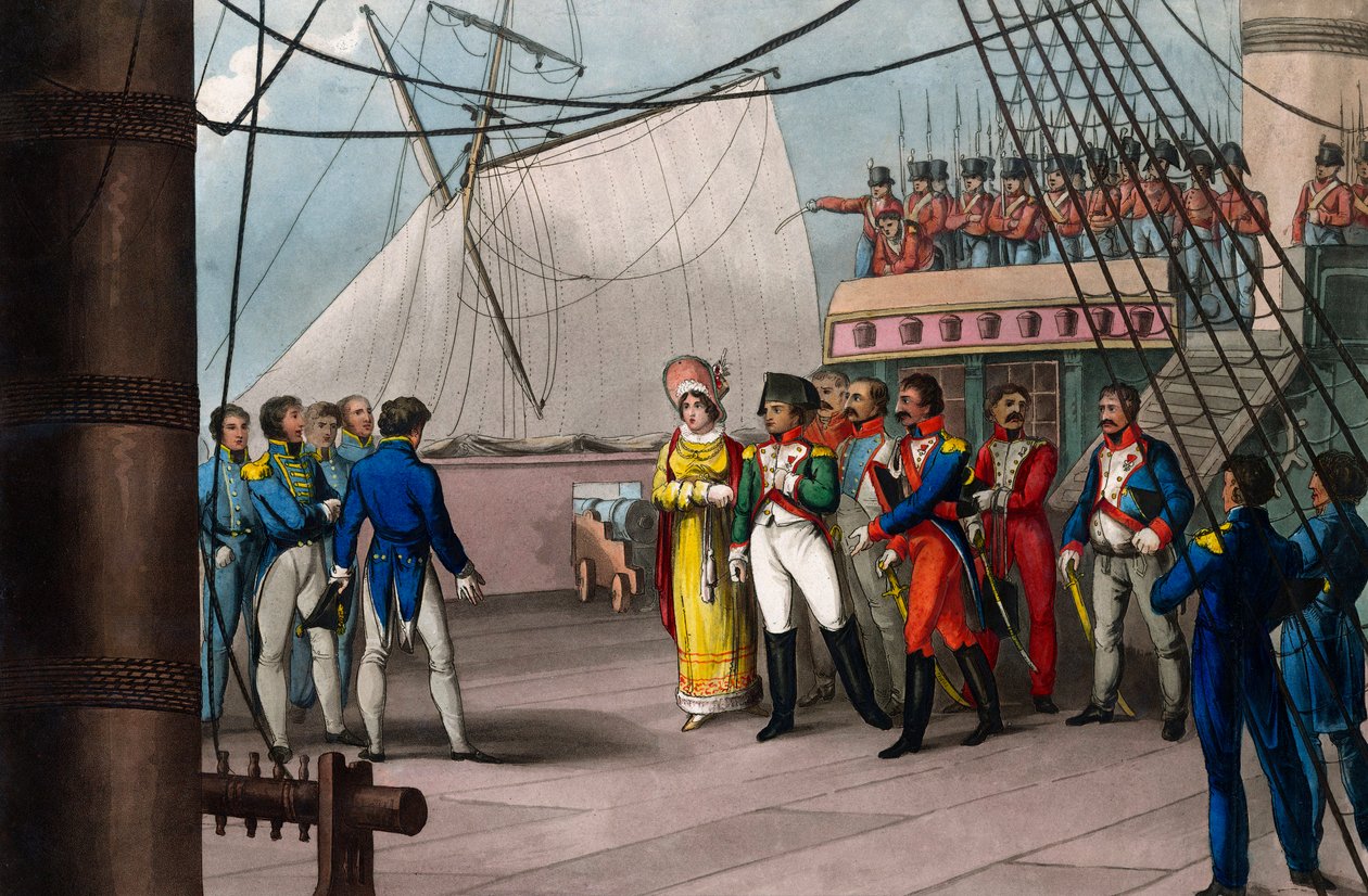 Napoleão confia na Fé Britânica - Napoleão Bonaparte a bordo do Bellerophon o navio britânico que o levou ao exílio em St. Helene (St. Helene) em 15 de Julho de 1815 - Napoleão o Grande, entregando-se à generosidade da nação britânica; em javali de Unknown artist