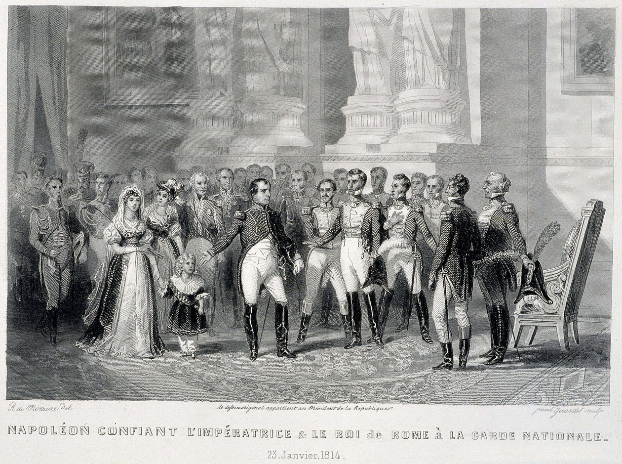 Napoleão confia o Impress e seu filho, o Rei de Roma, à Guarda Nacional (23 de Janeiro de 1814) - em "Fasttes de Gardes nationales de France". de Unknown artist