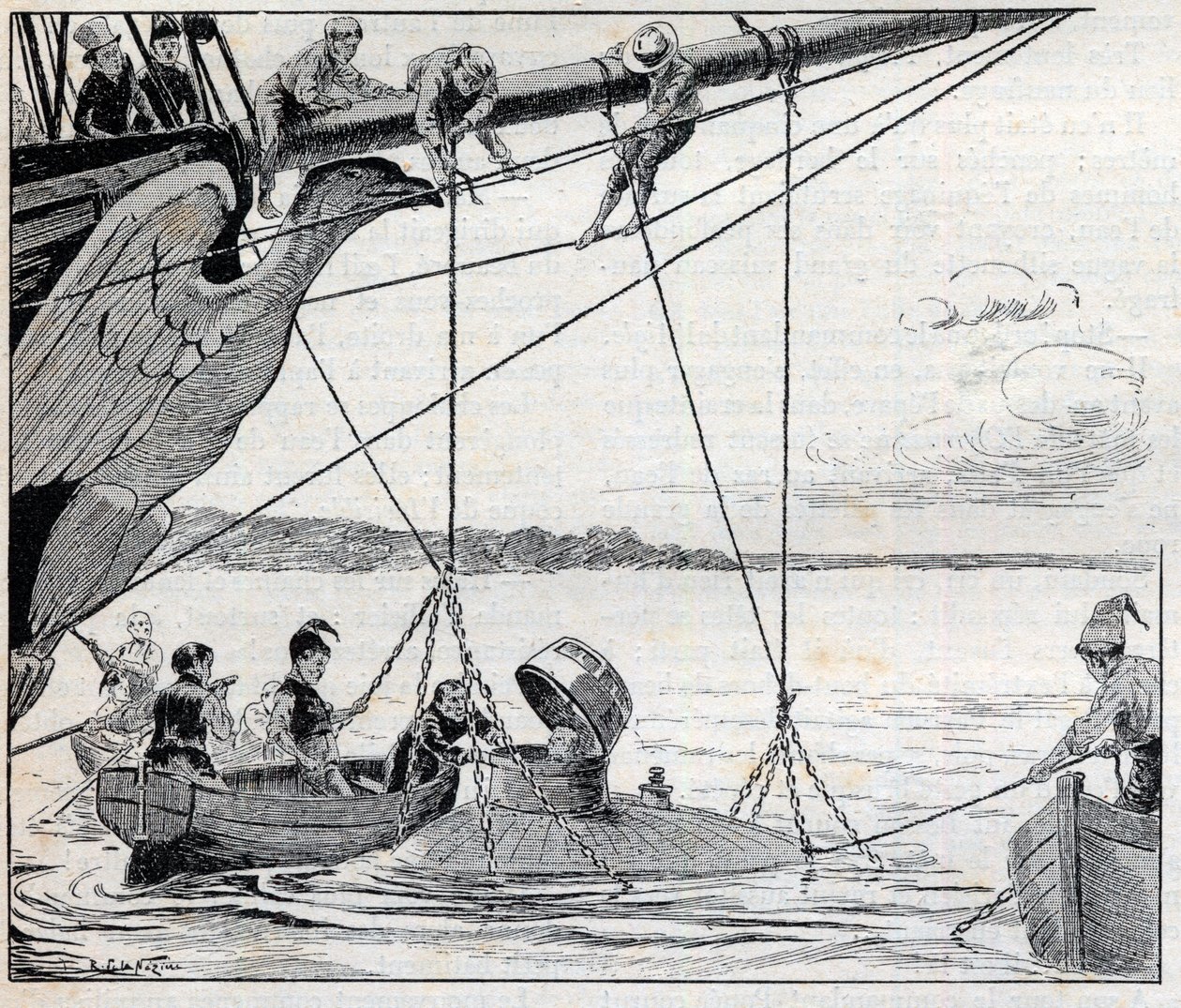 Napoleão fugindo da ilha de Santa Helena em um submarino (submarino) - ilustração do romance de Emile Cyprien (Emile-Cyprien) Driant (1855-1916), "Emperor