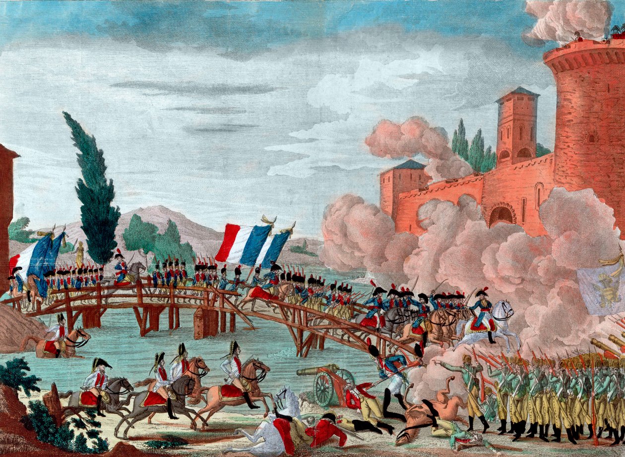 Napoleão conduzindo seu exército através da ponte de Lodi - Napoleão durante a batalha e passagem da ponte de Lodi em 1796 - Passagem da ponte de Lodi na Itália pela Armee Republicano-Francesa comissionada pelo General em Chefe Napoleão Bonaparte - de Unknown artist