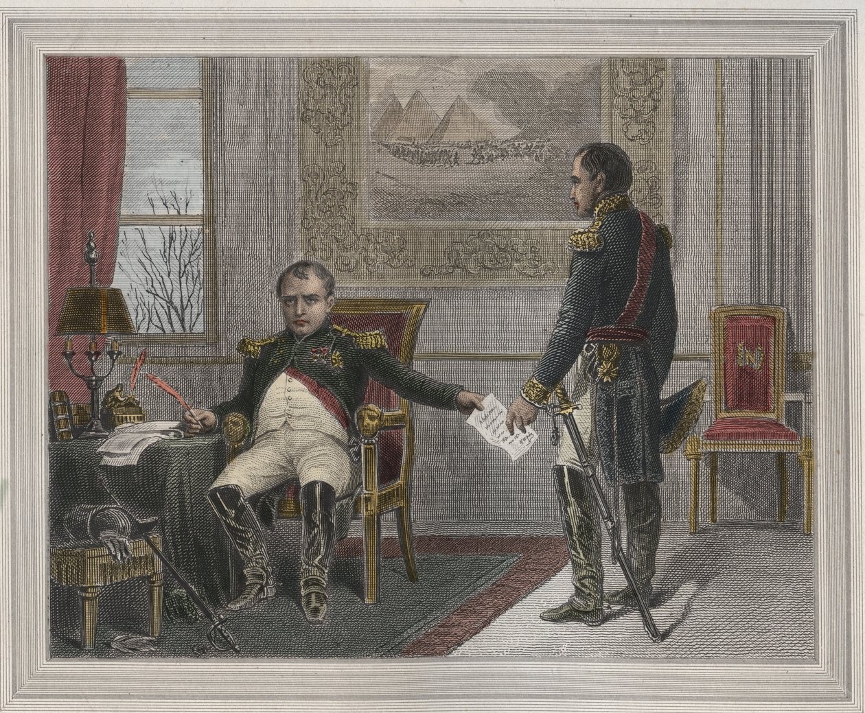 Napoleão assinando sua Abdicação 1814 - Napoleão Bonaparte (1769-1821) em Fontainebleau durante sua primeira abdicação, assinada em abril de 1814 Gravação em "Les Fastes populaires, ou Histoire des actes heroiques du peuple et de son influence sur les scie de Unknown artist