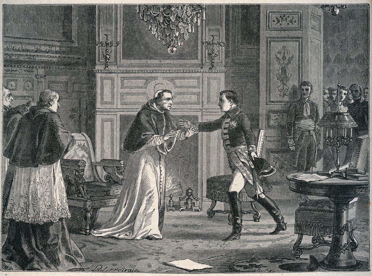 Napoleão visita o Papa Pio VII em Fontainebleau 1804 - Visita de Napoleão I ao Papa Pio VII a Fontainebleau 1804 de Unknown artist