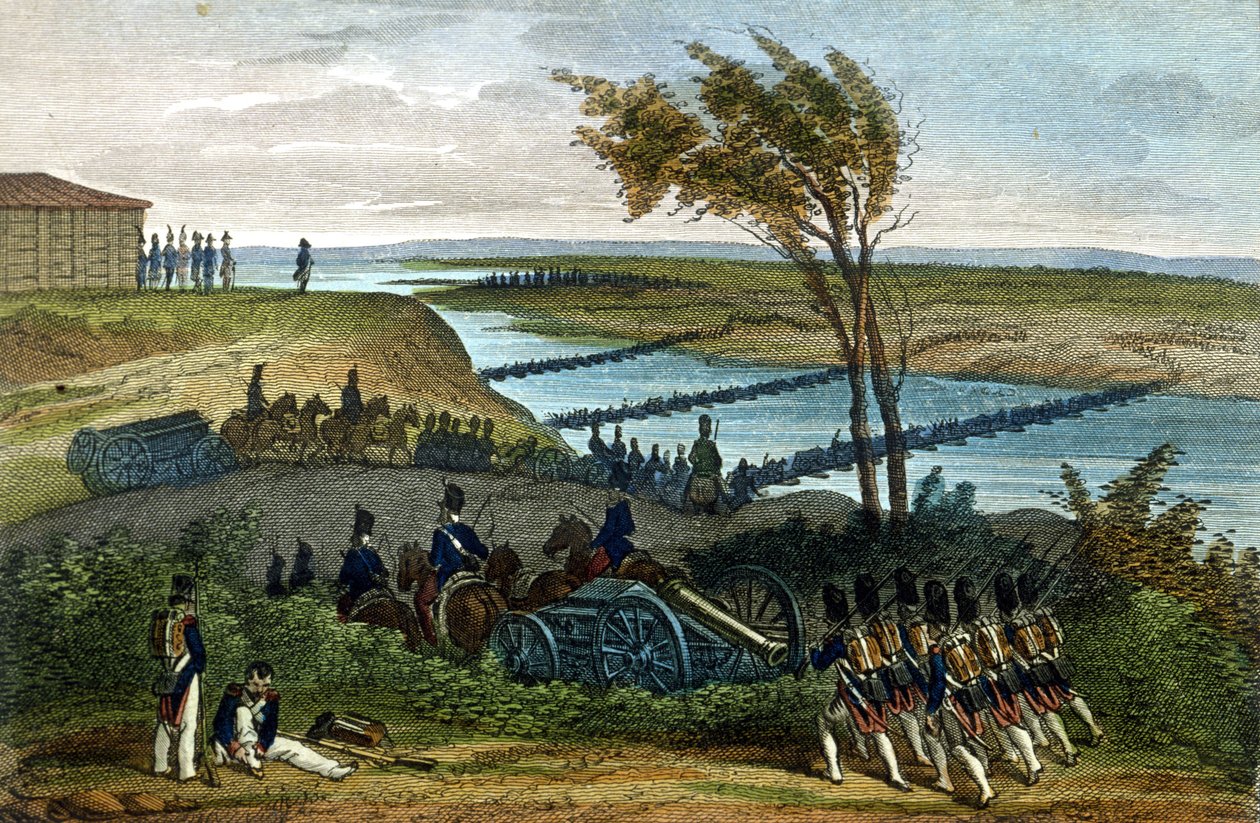Guerra Napoleónica: Campanha Russa. Passagem do rio Niemen (Dnjemen) em 24/06/1812, que separa os dois Impérios. Gravura do século XIX. de Unknown artist