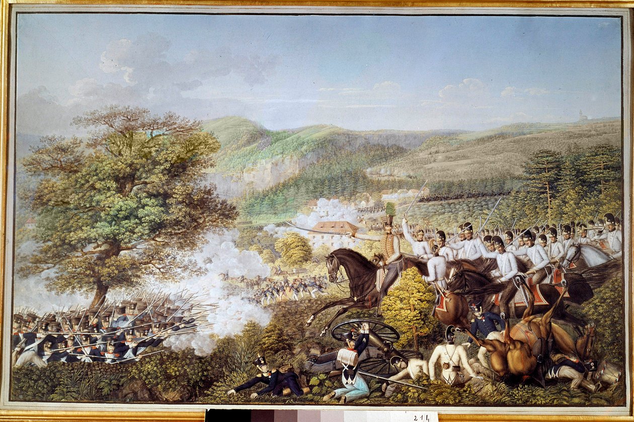 Guerra Napoleónica: "A infantaria francesa contra a cavalaria prussiana" Aguarela anónima. 1813 Berlim, museu histórico de Unknown artist