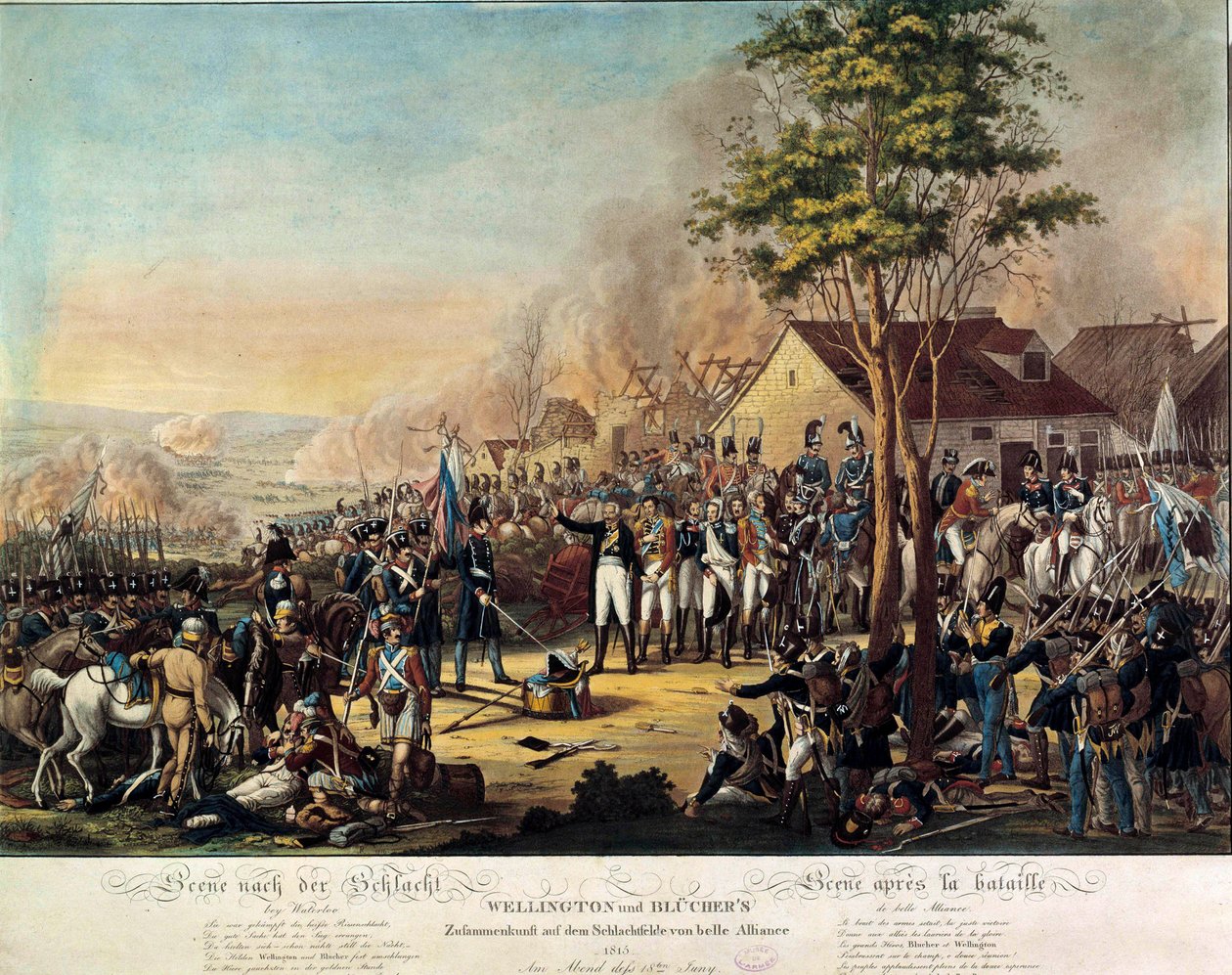 Guerras Napoleónicas: Batalha da Belle Alliance ou Waterloo ganha 18/06/1815 pelas forças armadas sob as ordens de Arthur Wellesley, Duque de Wellington (1769-1852) e Príncipe Blucher de Unknown artist