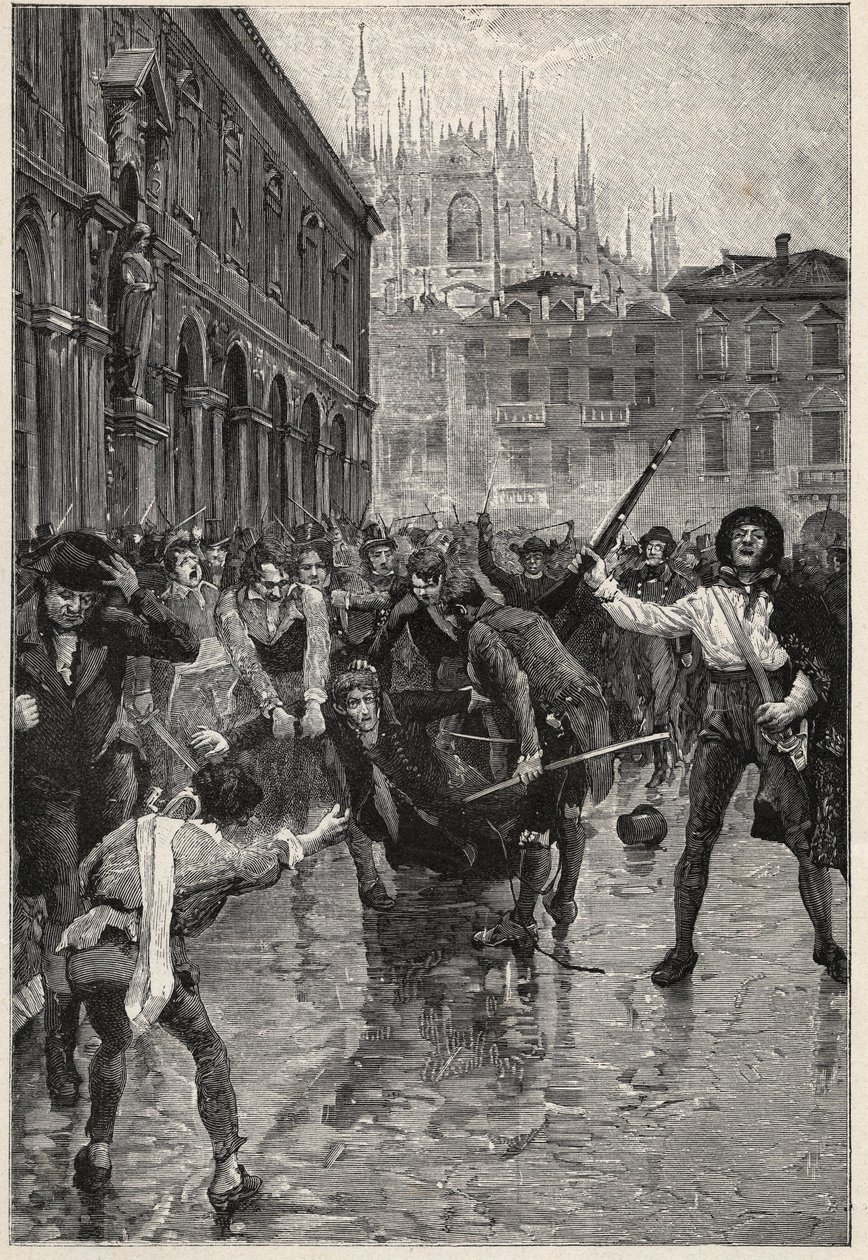 A abdicação de Napoleão incentiva motins em Milão, e Giuseppe Prina, o impopular ministro das Finanças, é arrastado pelas ruas e finalmente morto pela máfia na Piazza San Fedele, em Milão, no dia 20 de abril. de Unknown artist
