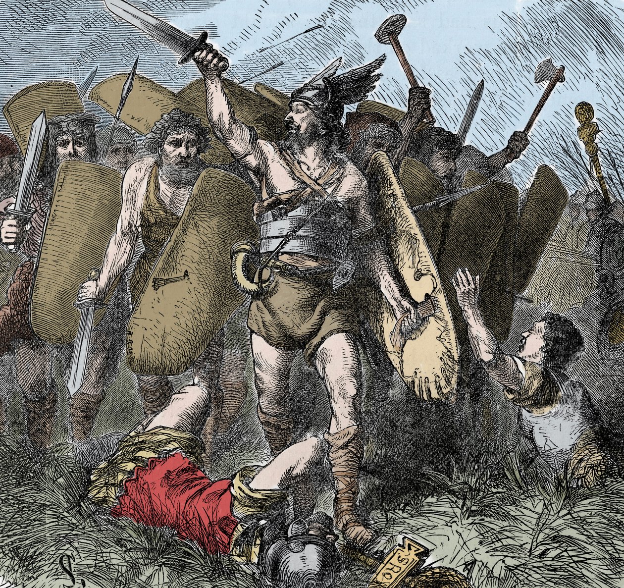 Narases Overcomes the Ostrogoths - Invasões dos bárbaros: Narases (478-573) general bizantino, eunuco, do Imperador Justiniano I venceu contra os ostrogodos na Batalha de Taginae, Itália, no ano 552. Gravura colorida do século XIX de Unknown artist