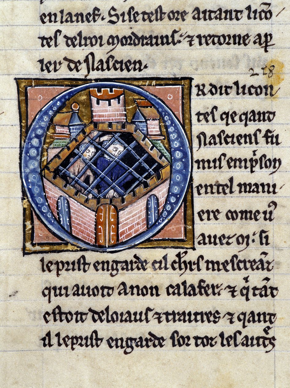 Nascion na prisão. Manuscrito: Conquista do Saint Gréal, escrito 717 anos após a paixão do nosso senhor. Bibliotheque municipale de Rennes, ms. 255 (Coleção de romances da Távola Redonda); Paris de Unknown artist