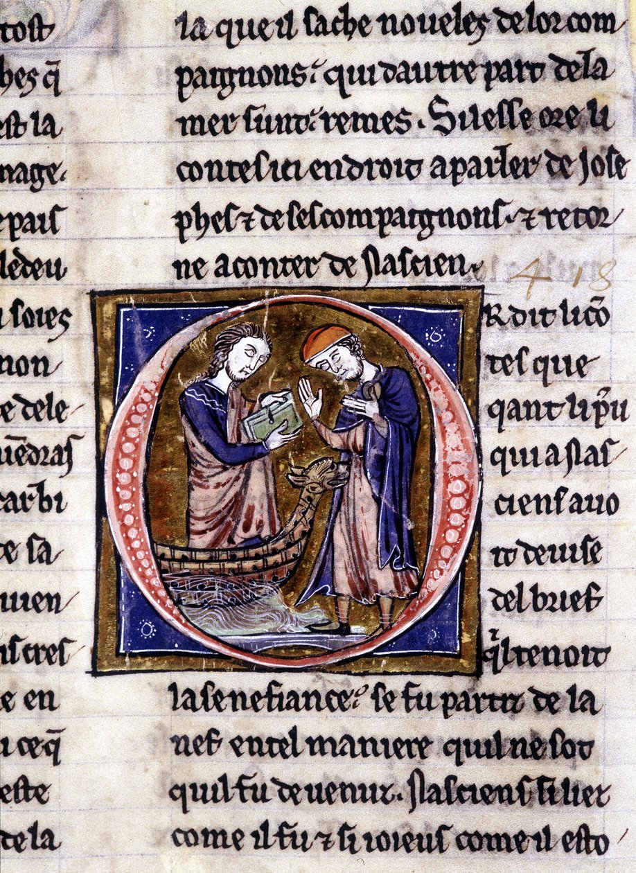 Nascion recebe o livro (?). Manuscrito: Conquista do Saint Gréal, escrito 717 anos após a paixão do nosso senhor. Bibliotheque municipale de Rennes, ms. 255 (Coleção de romances da Távola Redonda); Paris de Unknown artist