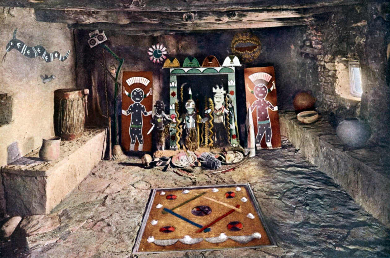 Sala de altar nativo-americana da sociedade Powamu numa casa Hopi, Grand Canyon, Arizona de Unknown artist