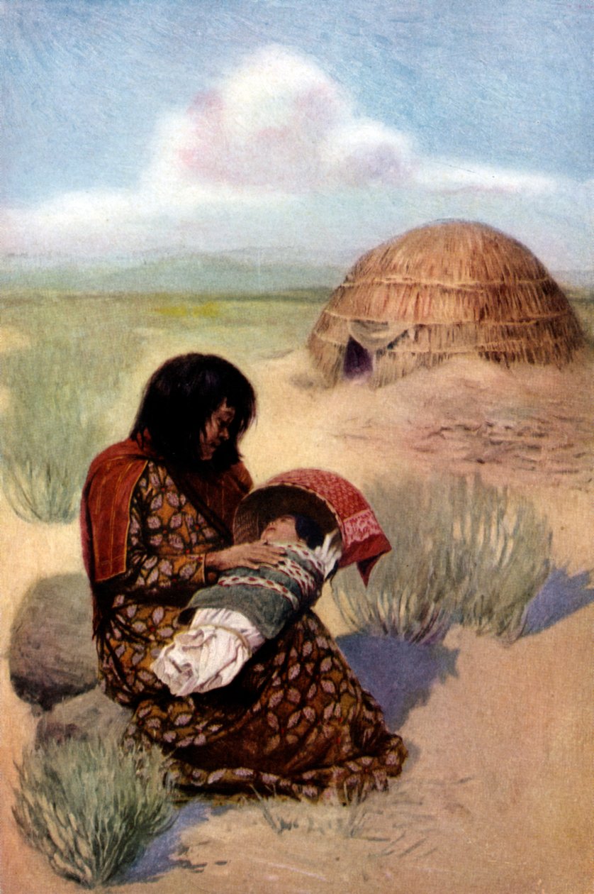 Mãe nativa americana com filho da tribo Pima de Unknown artist