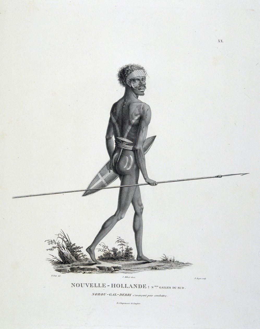Nativo North-Gal-Derri de New South Wales of New Holland avançando para a luta - em "Journey of Discoveries to the Southern Lands" pelos senhores Lesueur e Peer de Unknown artist