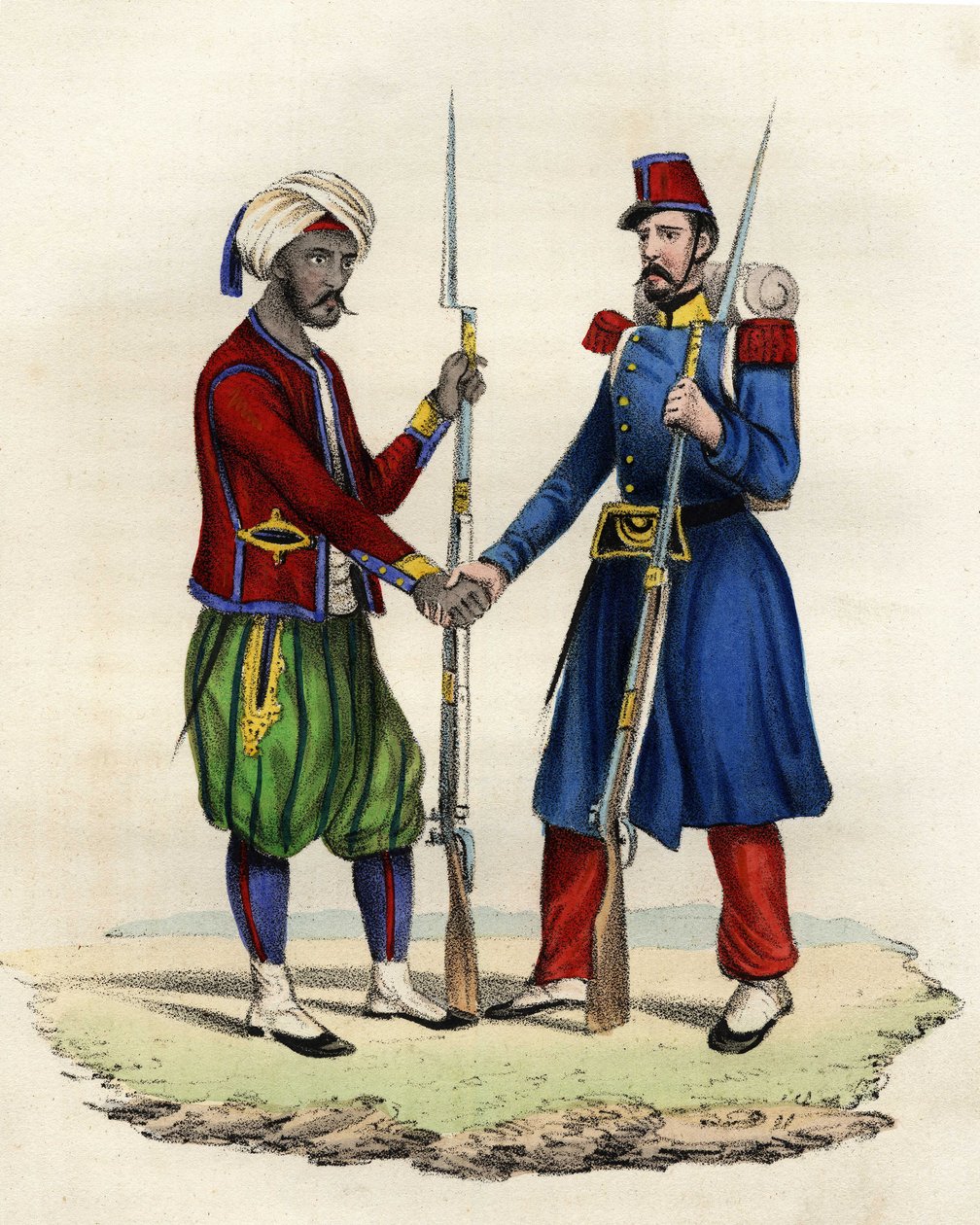 Caçadores nativos e franceses do exército francês de África, na Argélia, em 1830. Em "Storia d