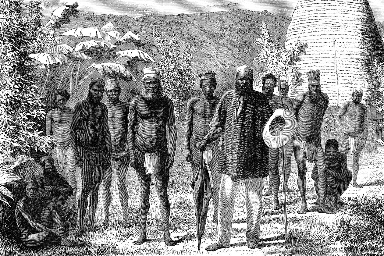 Nativo da Nova Caledónia. Gravura de 1885 de Unknown artist