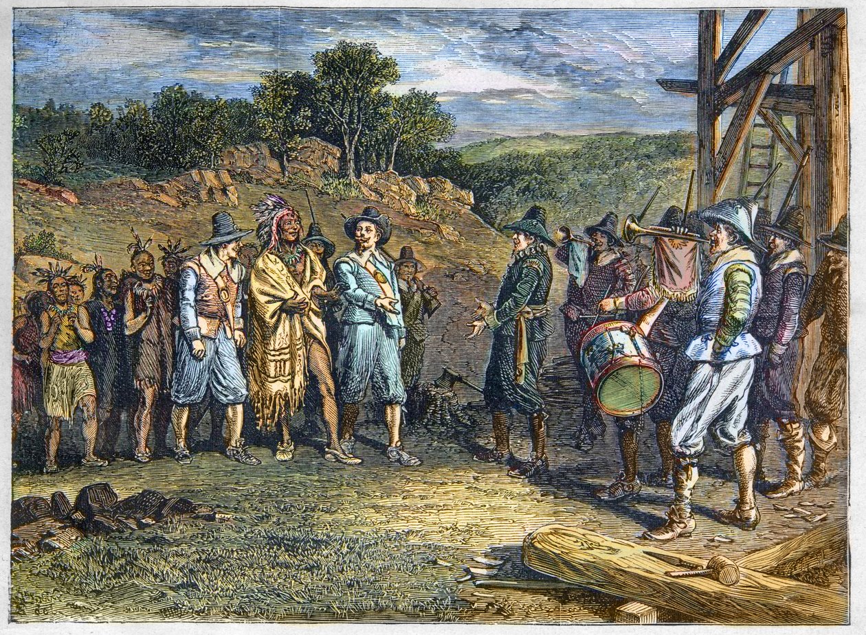 População nativa da América: índios. Os colonos conheceram Massasoit (1590-1661) também conhecido como Ousamequin "Yellow Feather" chefe da tribo Wampanoag, Colônia Plymouth, anos 1620. O líder dos Wampanoag Massasoit visitou os colonos em Plymouth de Unknown artist