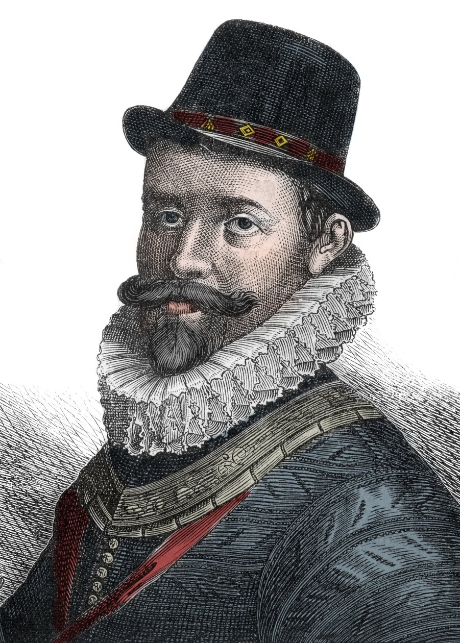 Administração Naval e Comandante Sir John Hawkins (1532-1595) - Retrato de Sir John Hawkins (Hawkyns) (1532-1595), almirante inglês, construtor naval, navegador e comerciante de escravos. Gravura do século XIX. de Unknown artist
