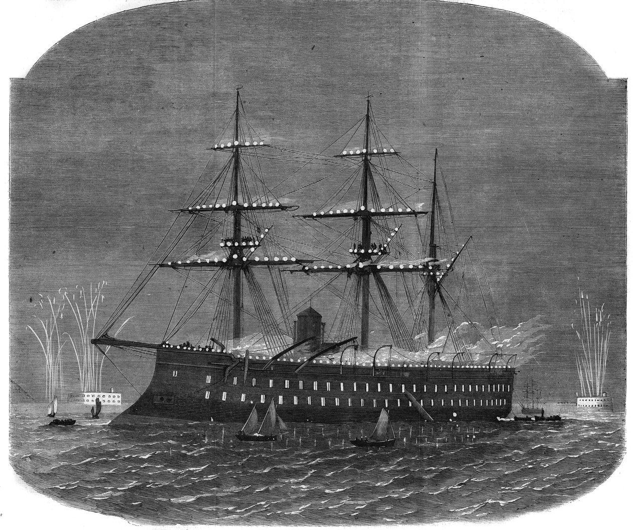 Iluminação naval no porto de Spithead durante a viagem do Sultão Egípcio Ismail Pasha (1830-1895) à Inglaterra. Gravura no "The Illustrous Universe" (O Universo Ilustrado) de Unknown artist