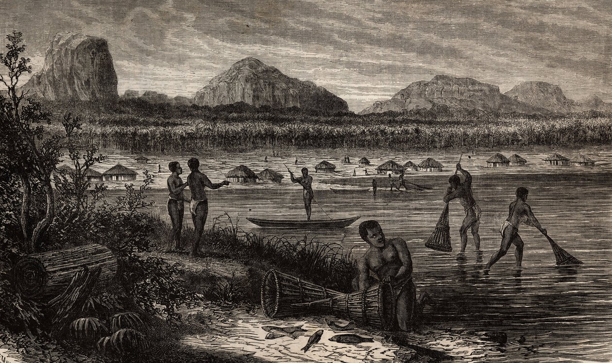 Perto das cataratas da Rovuma (Moçambique), as actividades de pesca do peixe. Gravura para ilustrar as primeiras viagens do Dr. Livingstone à África Austral de 1840 a 1856, no "Le tour du monde, nouveau journal des voyages" publicado sob a directti de Unknown artist