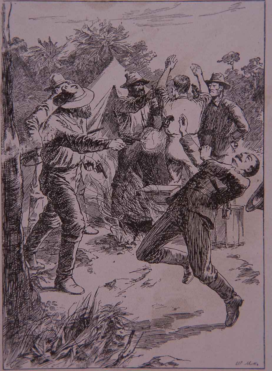 Ned Kelly mata policial Lonigan no Stringybark Creek em 1878 (gravura) de Unknown artist