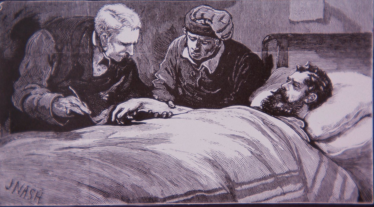 Ned Kelly jaz ferido no hospital da prisão em Melbourne após ter sido capturado pela polícia em 28 de junho de 1880 (gravura) de Unknown artist