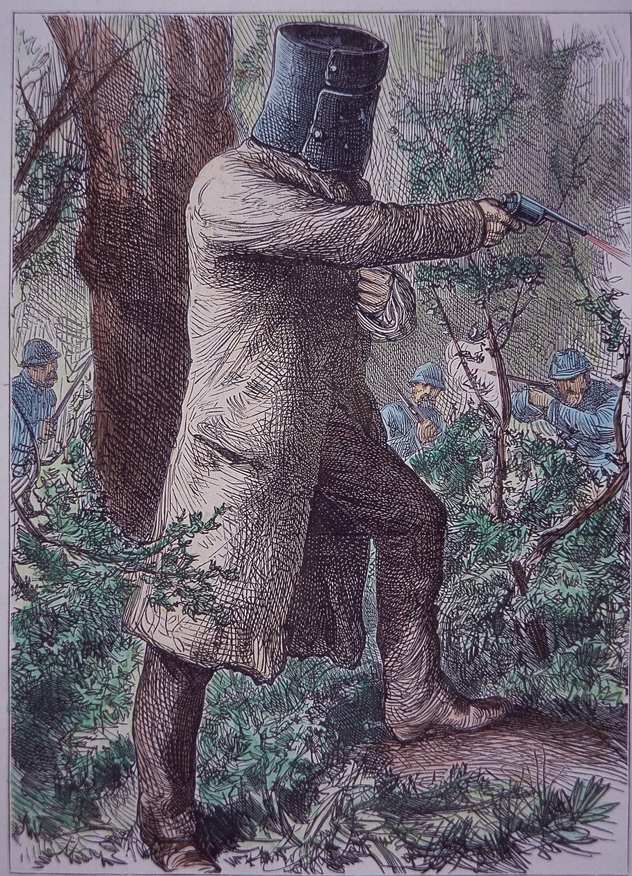 Ned Kelly, com a sua armadura característica, em confronto final com a polícia, 28 de Junho de 1880 (gravura colorida) de Unknown artist
