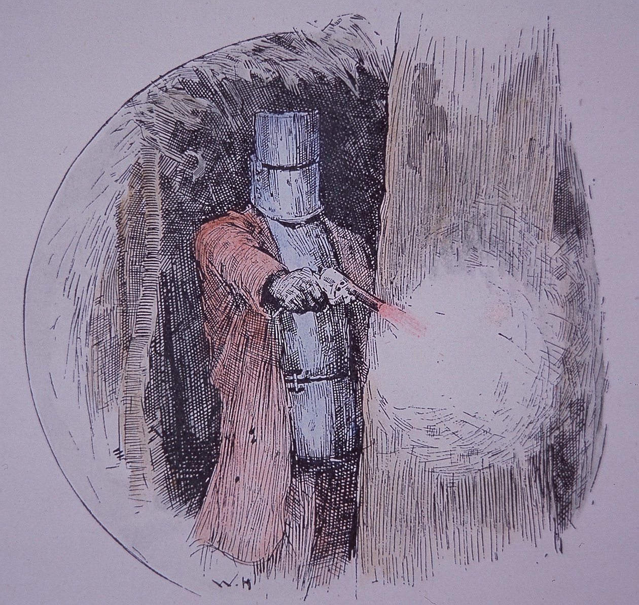 Ned Kelly usando a sua armadura caseira, em confronto com a polícia (gravura colorida à mão) de Unknown artist