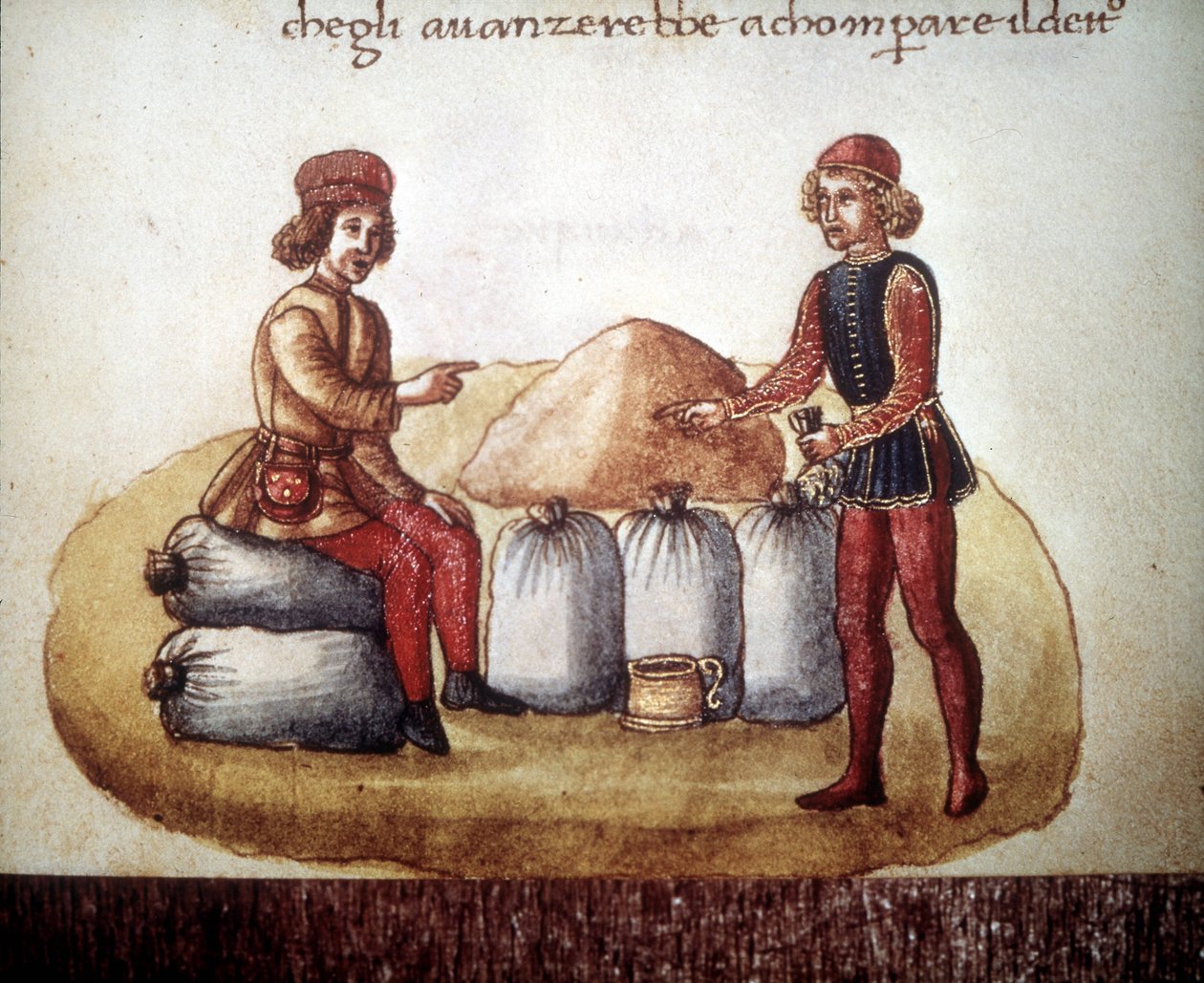 Negociação de preços de grãos. Manuscrito do século XV. Biblioteca Nazionale de Florence de Unknown artist