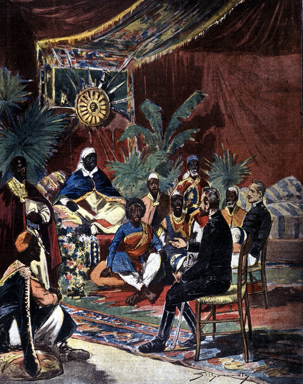 Negociações para a paz com a Etiópia após a derrota italiana em Adoua, em 1896. O Major Salsa e o Capitão Angherà encontram-se com o Rei Menelik II (1844 - 1913) e seus chefes. Ilustração da imprensa do final do século XIX por Silhouette. de Unknown artist