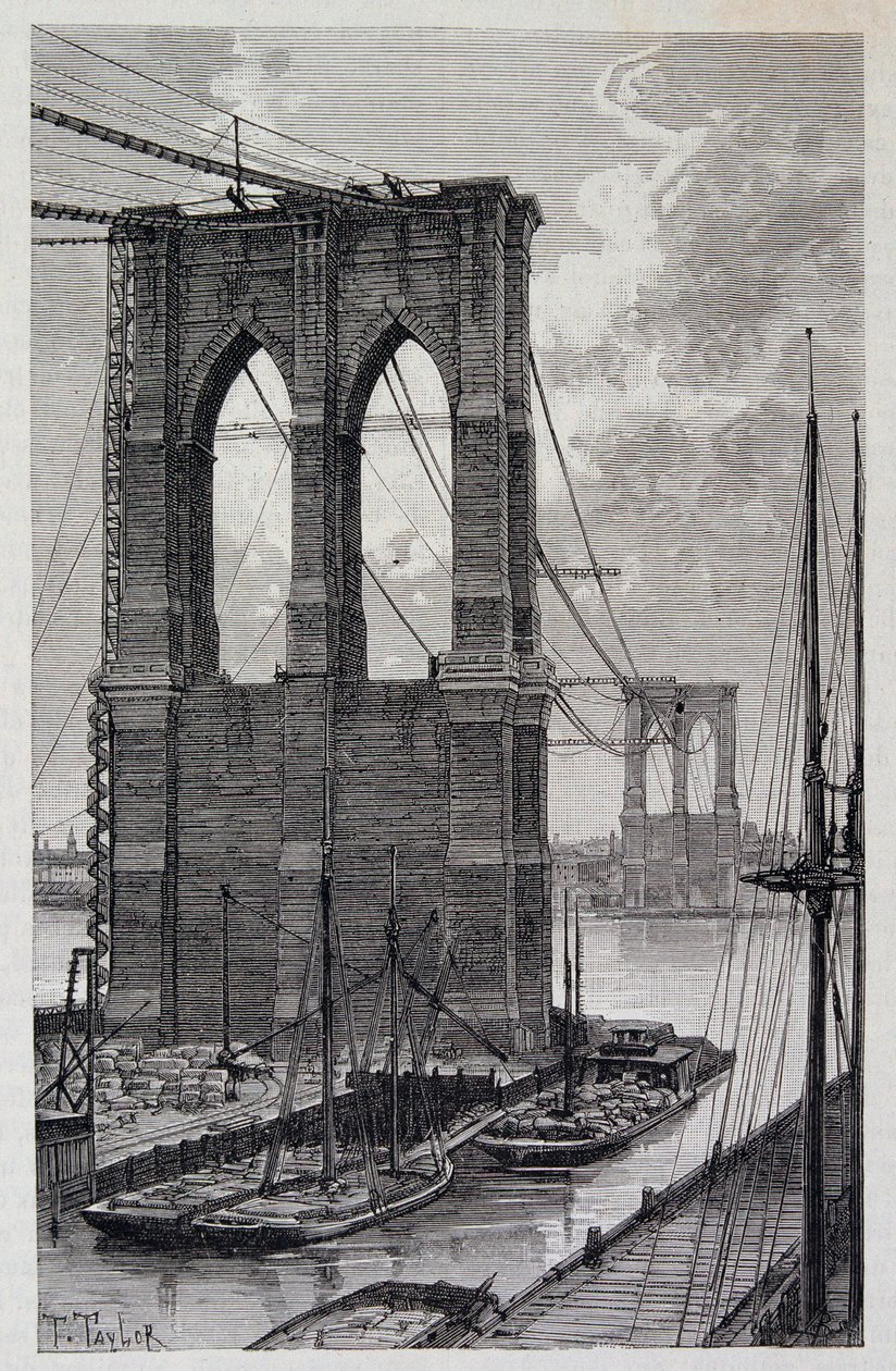 Nova lorque: Estacas da Ponte do Brooklyn em construção - em "The World Tour", 2º semestre de 1881 de Unknown artist