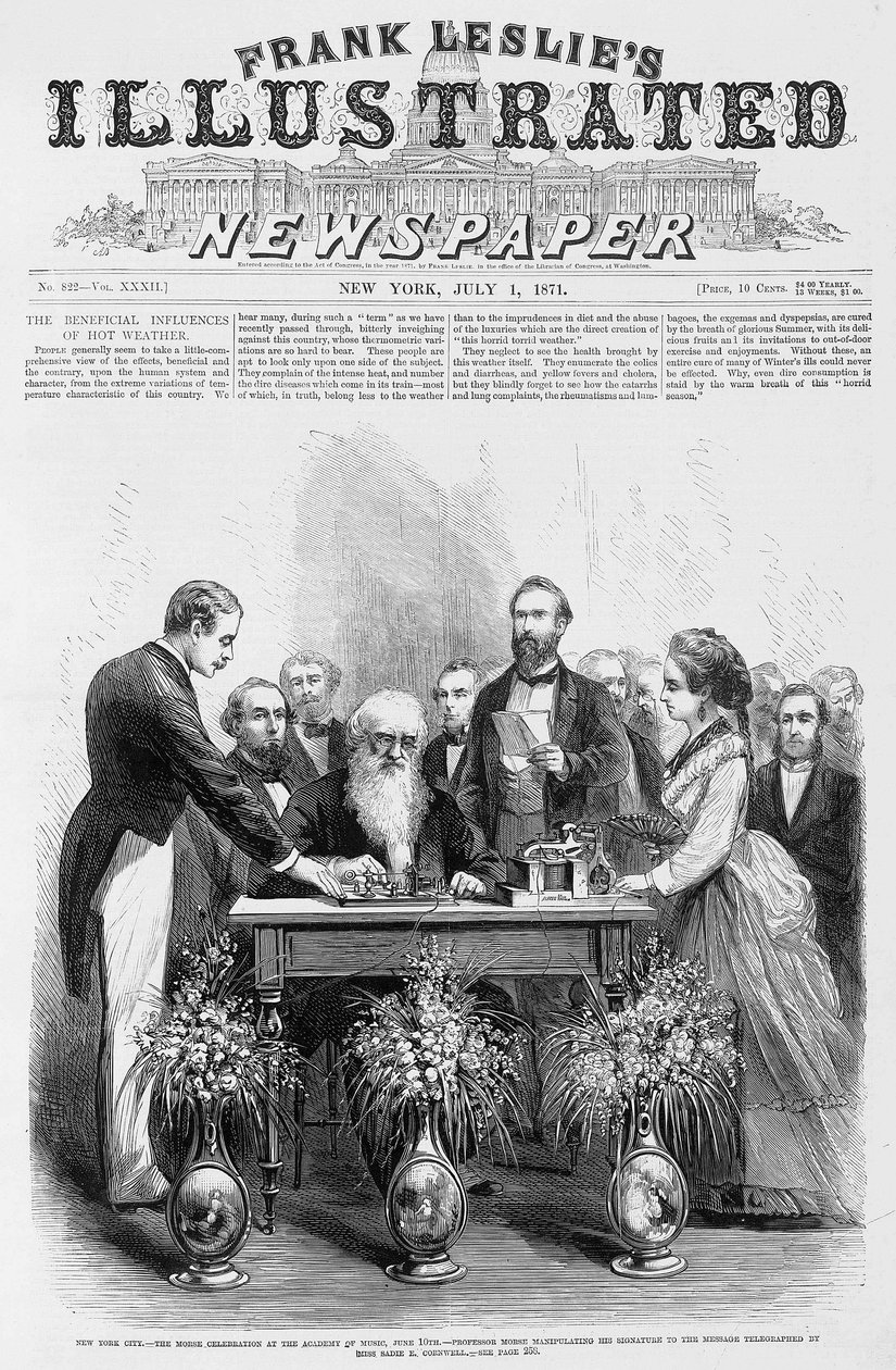 New York City - Morse Celebration at the Academy of Music, 10 de junho - Professor Morse manipulando sua assinatura para a mensagem telegrafada pela Srta. Sadie E. Cornwell - no "jornal ilustrado de Frank Leslie", 01/07/1871 de Unknown artist