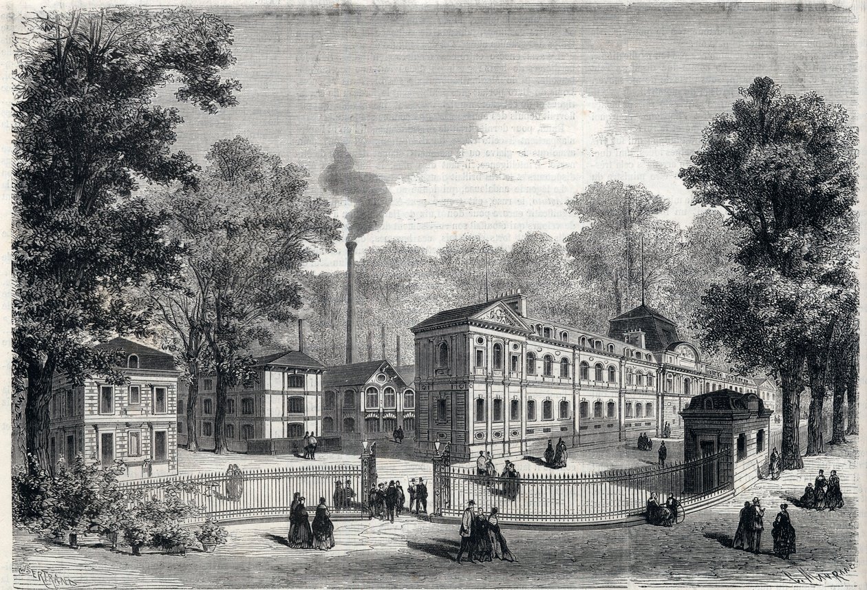 Novo edifício da fábrica de porcelana imperiosa em Sevres, em 1868. Gravura em "L