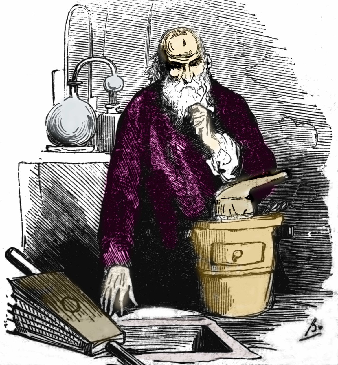 Nicolas Flamel (1330 - 1418) em seu laboratório. de Unknown artist
