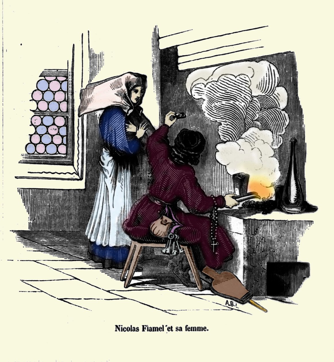 Nicolas Flamel (1330 - 1418) com sua esposa. de Unknown artist