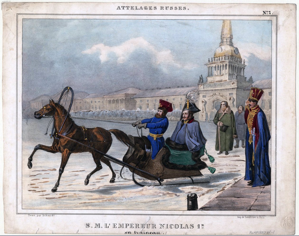 Nicolas I en traineau - Nicholas I da Rússia num trenó - Anónimo - 1850 - Litografia, aguarela - 21,3x26,8 - Colecção Privada de Unknown artist