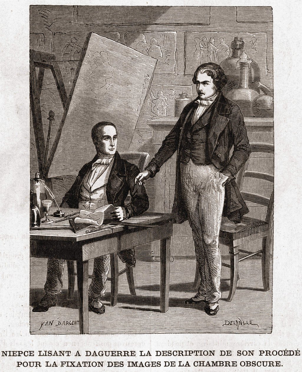 Niepce lendo para Louis Daguerre a descrição da Heliografia, para a fixação de imagens da câmara obscura - Nicephore Niepce (1765-1833), inventor francês, pioneiro da leitura fotográfica para Daguerre a descrição do seu método de fixação das imagens de Unknown artist