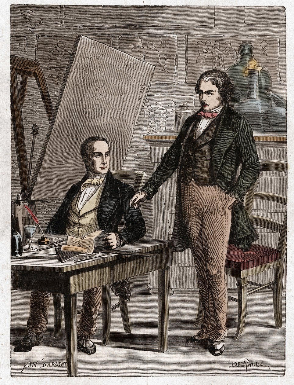 Niepce lendo para Louis Daguerre a descrição da Heliografia, para a fixação de imagens da câmera obscura - Nicephore Niepce (1765-1833), inventor francês, pioneiro da leitura fotográfica para Daguerre a descrição do seu método para a fixação de i de Unknown artist