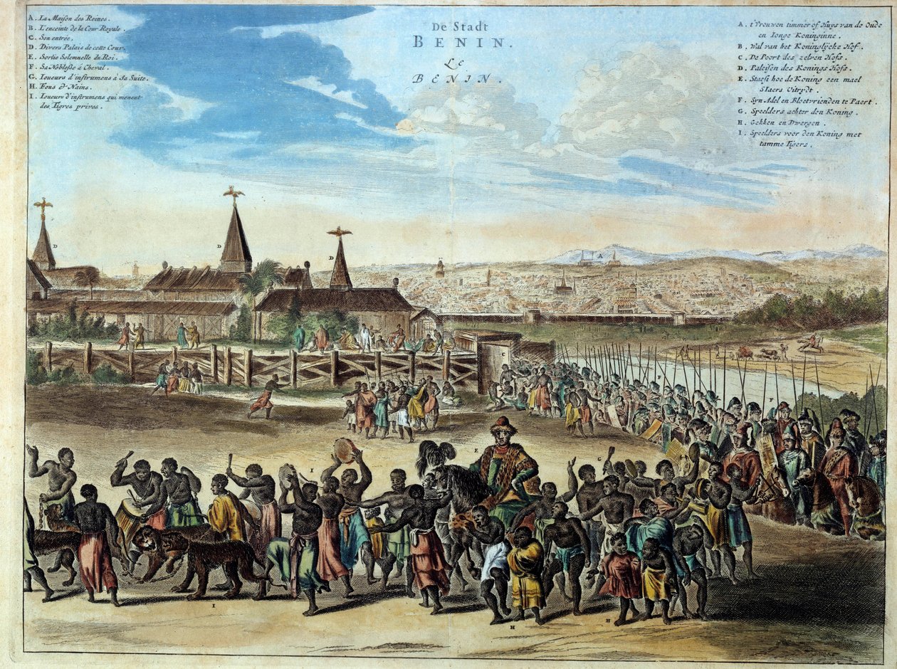 Saída solene do Rei Houegbadja (1645-1689), na Nigéria, capital do reino de Benin, em Obamey, em 1680. Gravura de 1686. Paris, Artes Africanas e Oceânicas. de Unknown artist