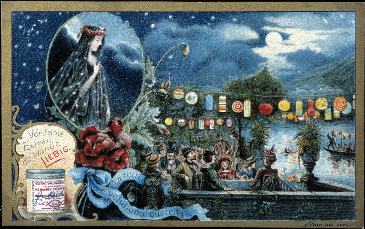 Noite, festa noturna iluminada com lanternas, perto de um lago - Liebig chromolithography de Unknown artist