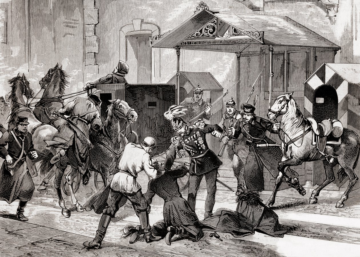 Niilismo na Rússia - Tentativa de assassinato contra o Aide de Camp, General Loris Melikoff (Loris-Melikoff), à porta do seu hotel no Grande Moskaia em 1880 - O movimento Niilista russo no século XIX: tentativa de assassinato do Conde L de Unknown artist