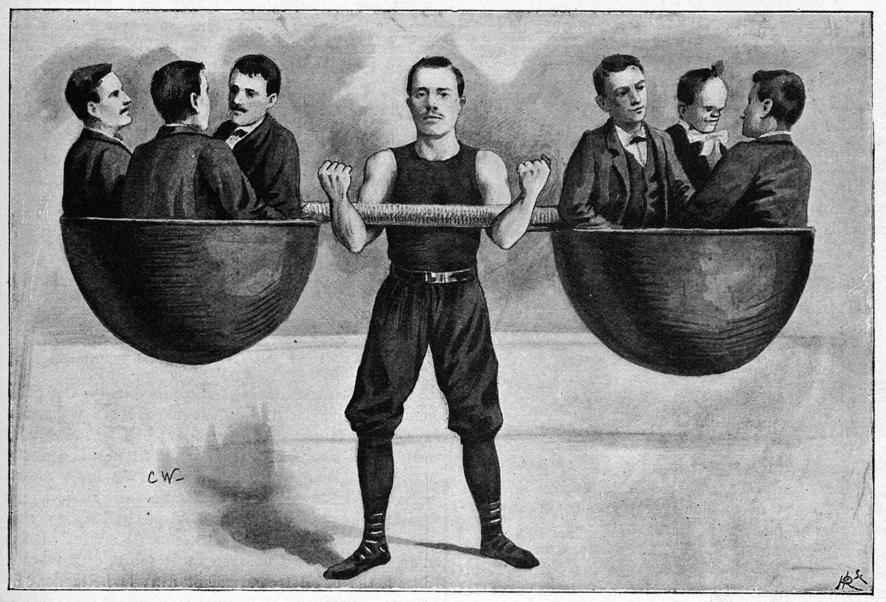 Nino jovem italiano de 24 anos de idade no circo de inverno carregando seis homens no braço. A partir de uma foto de 1898. de Unknown artist