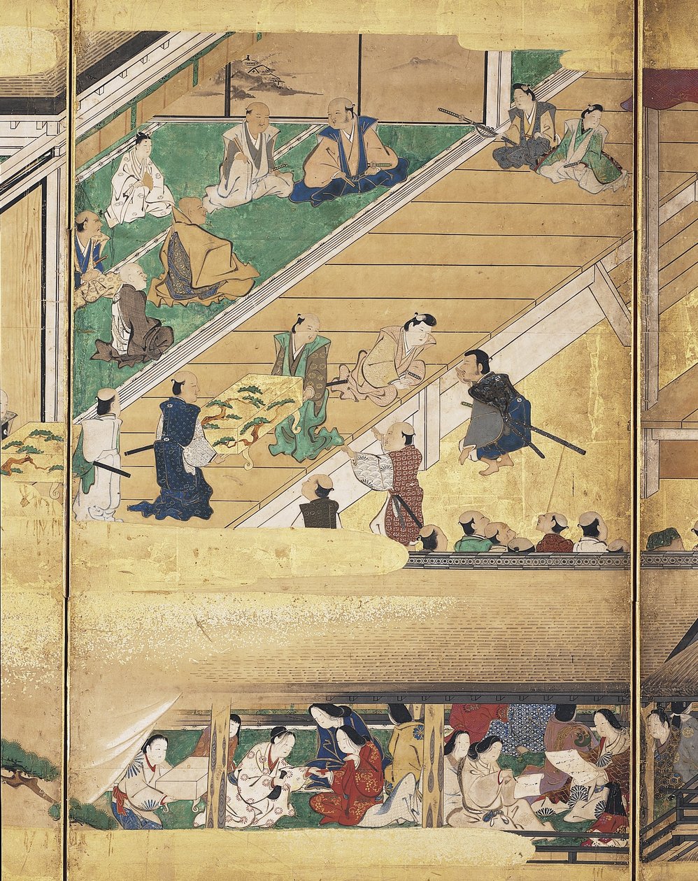 Noh Jogar: Funa Benkei (tinta, cores e ouro sobre papel, ecrã de seis painéis) de Unknown artist