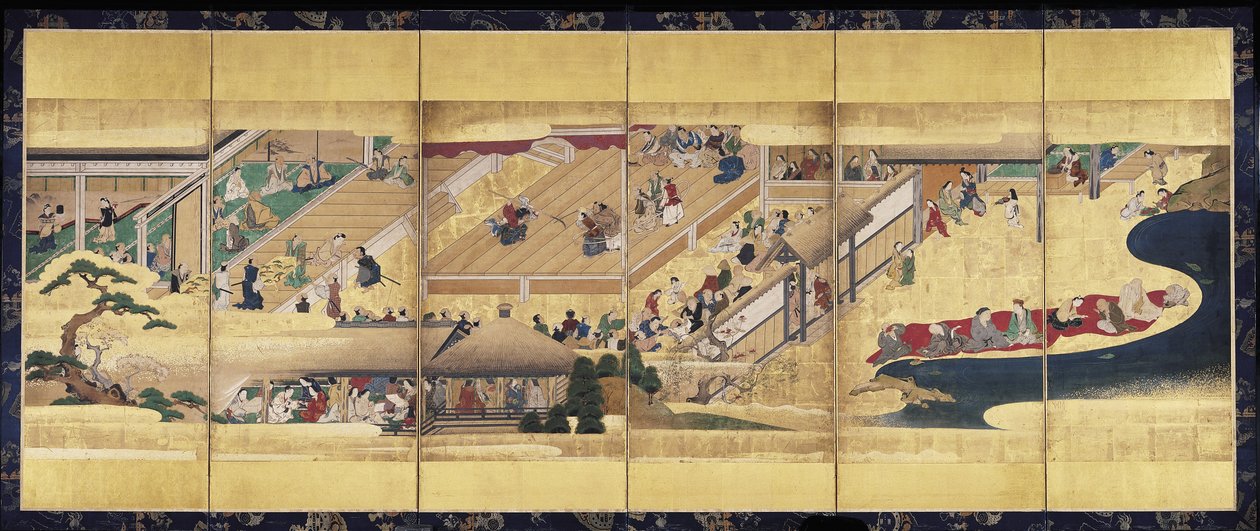 Noh Jogar: Funa Benkei (tinta, cores e ouro sobre papel, ecrã de seis painéis) de Unknown artist